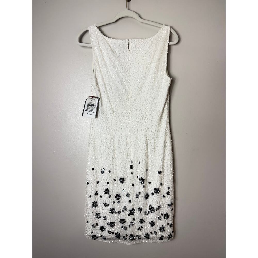 NWT ADRIANNA PAPELL IVORY WHITE SILVER 3D FLORAL SEQUIN BEADED SHORT COCKTAIL - Picture 4 of 9